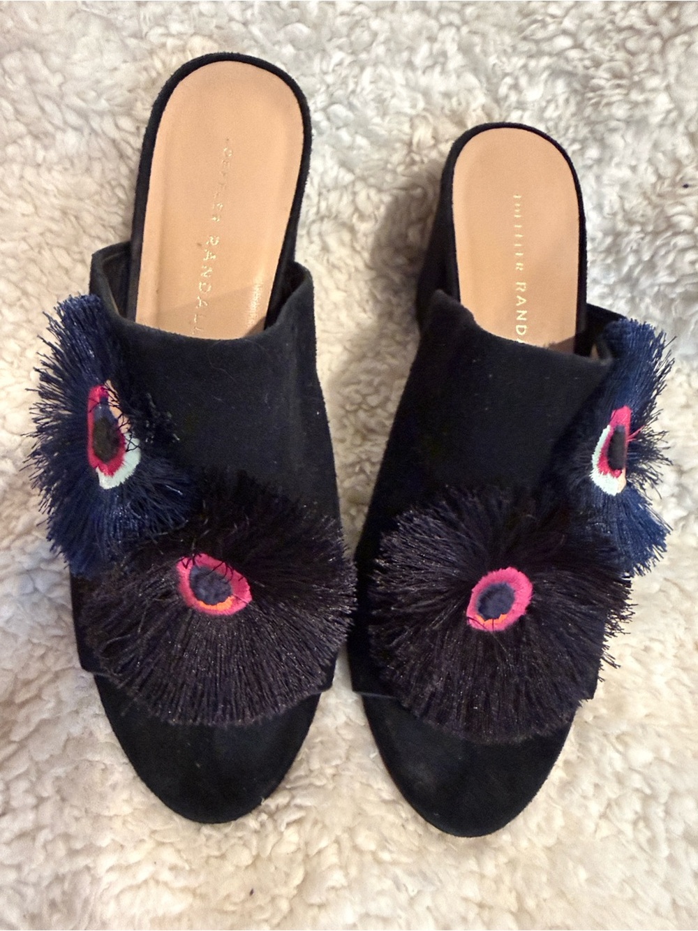Loeffler Randall Slide Mules with Pink and Blue Fringe Pom-Poms